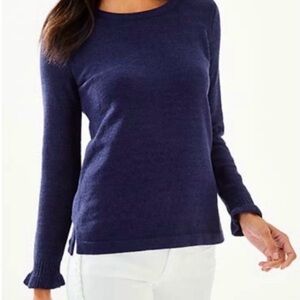 Lilly Pulitzer True Navy Calloway Chenille Ruffle Sleeve Sweater Size Small